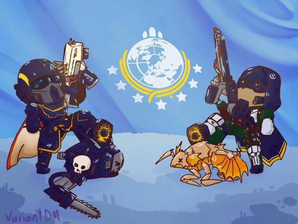 A scene where two Helldivers hold up their weapons and salute in front of the flag of super earth. They are crushing their enemies very democratically. This image has been resized to fit carrd.