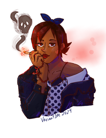 A halfbody of a woman smoking a cigarette in red lighting. Her shirt is falling off her shoulder and she stares somberly at the camera.