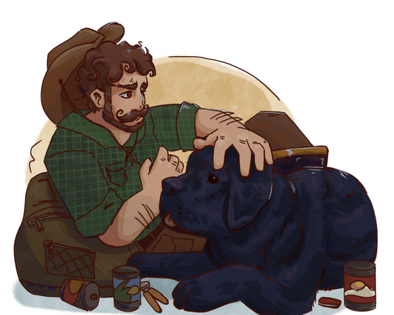 A scene of a man resting with his dog