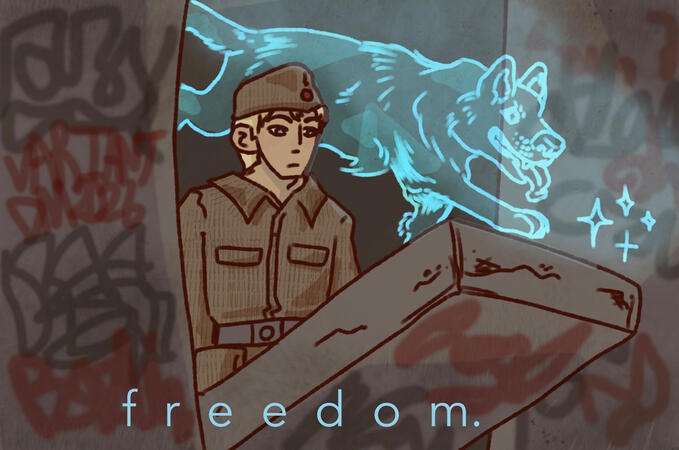A man stands as the Berlin Wall falls. A spirit dog jumps out from behind him.