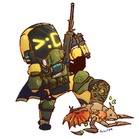 A helldiver steps very democratically on a bug. The helldiver is giant and has a glowing custom face mask.