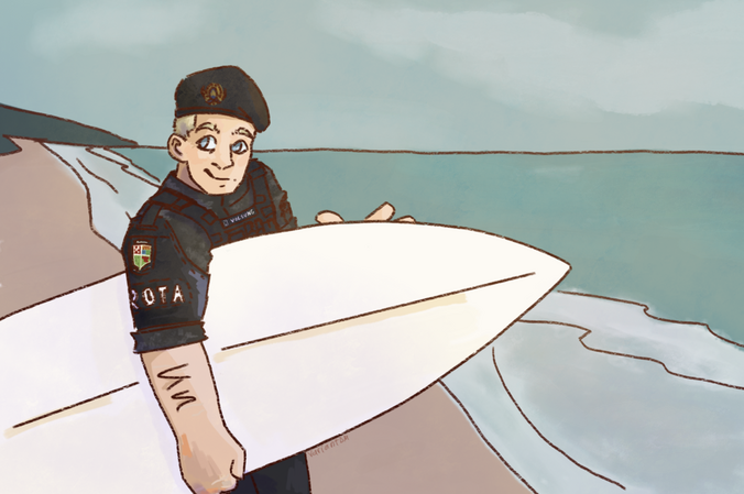 A scene of a man holding a surfboard, standing on a beach, in Military Police gear (no, I do not know why he is in gear on the beach)