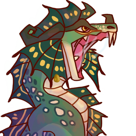 A halfbody of a serpentine dragon lunging with mouth open, salivating