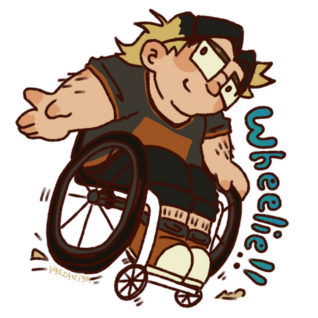 A chubby guy does a wheelie in his wheel chair