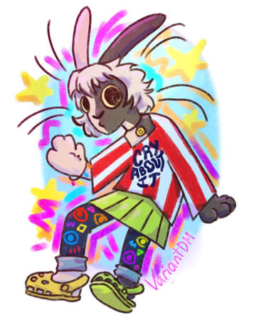 Fullbody of an anthro rabbit wearing neon crocs and posing