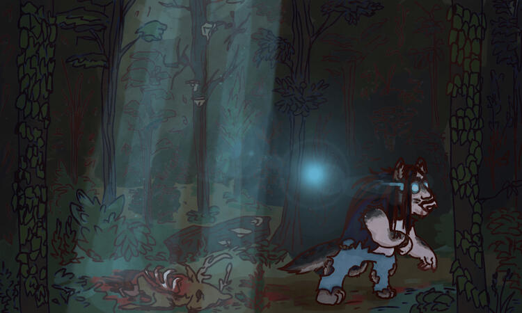 a scene where a werewolf moves through a forest away from a deer carcass, left in a beam of moonlight.