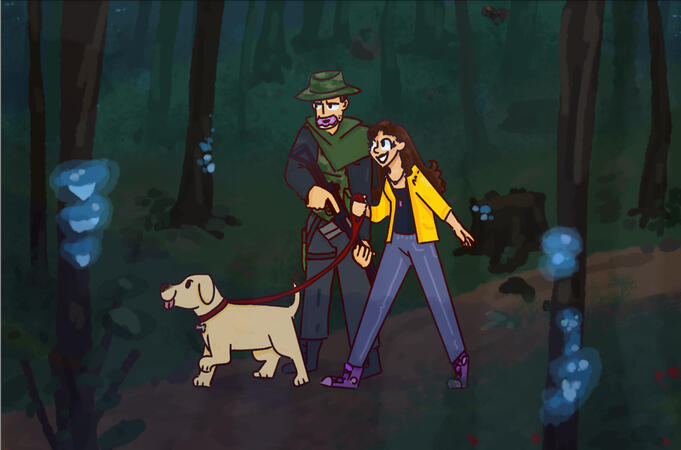 A scene of a woman in a yellow rainjacket and a man in a camo boonie hat carrying a gun walking a yellow lab through the woods.