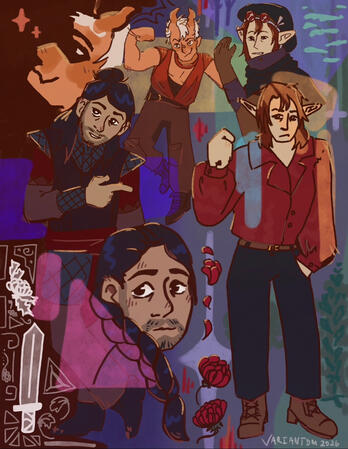 Messy art of a D&D party frolicking