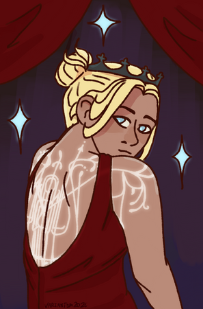 A woman in a red draping dress looks over her shoulder. A glowing tattoo peeks through her dress back.