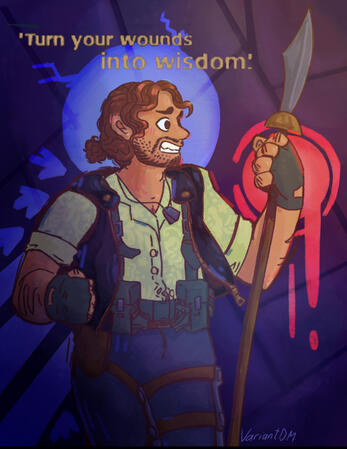 A young man holds a polearm in his hand, looking distressed. Above him the text "turn your wounds into wisdom" floats. Behind him are stained glass style halos.