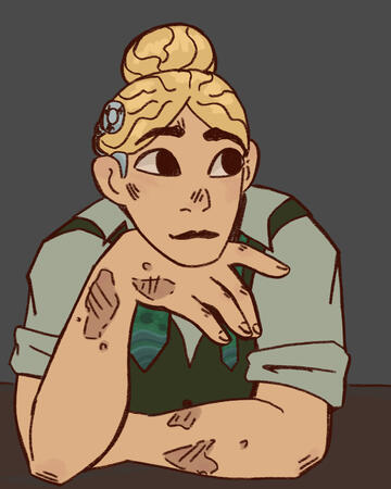 A halfbody of a woman with her hand under her chin, looking casually off to the side