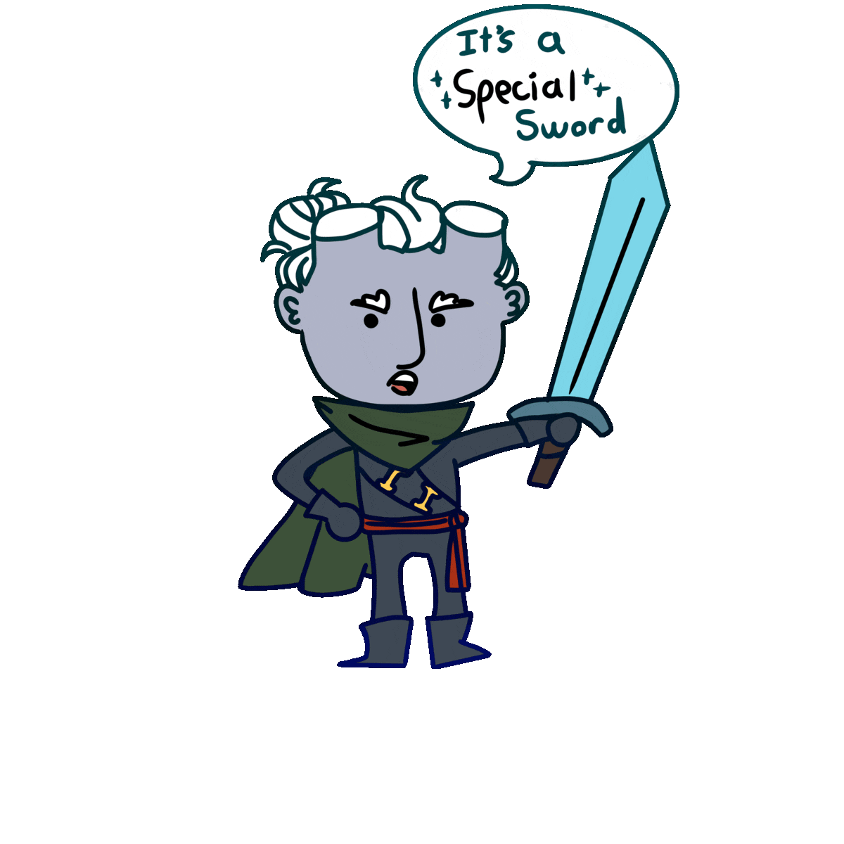 A man with gray skin and cut off horns waves a sword. A speech bubble says “it is a special sword”
