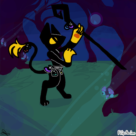 A tabaxi holds a staff with potion bottles